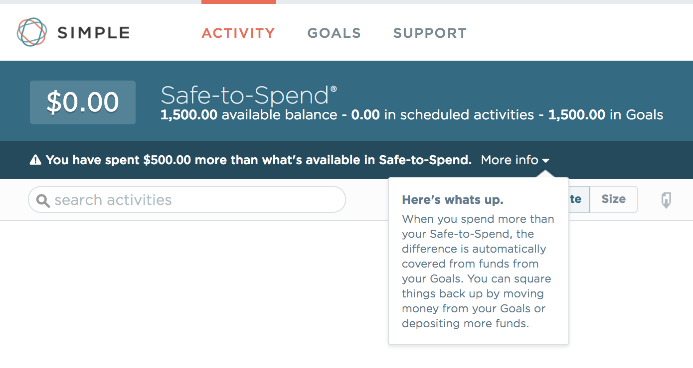 Screen shot of a negative safe-to-spend amount shown as zero but also warning me that I have overspent