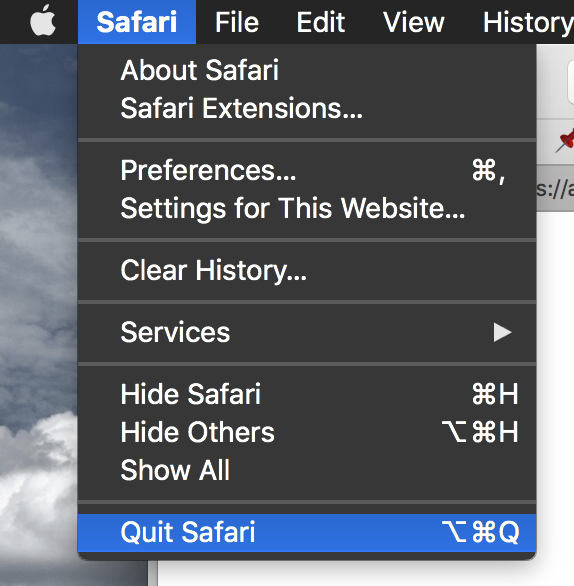Screen shot of open Safari menu showing modified command